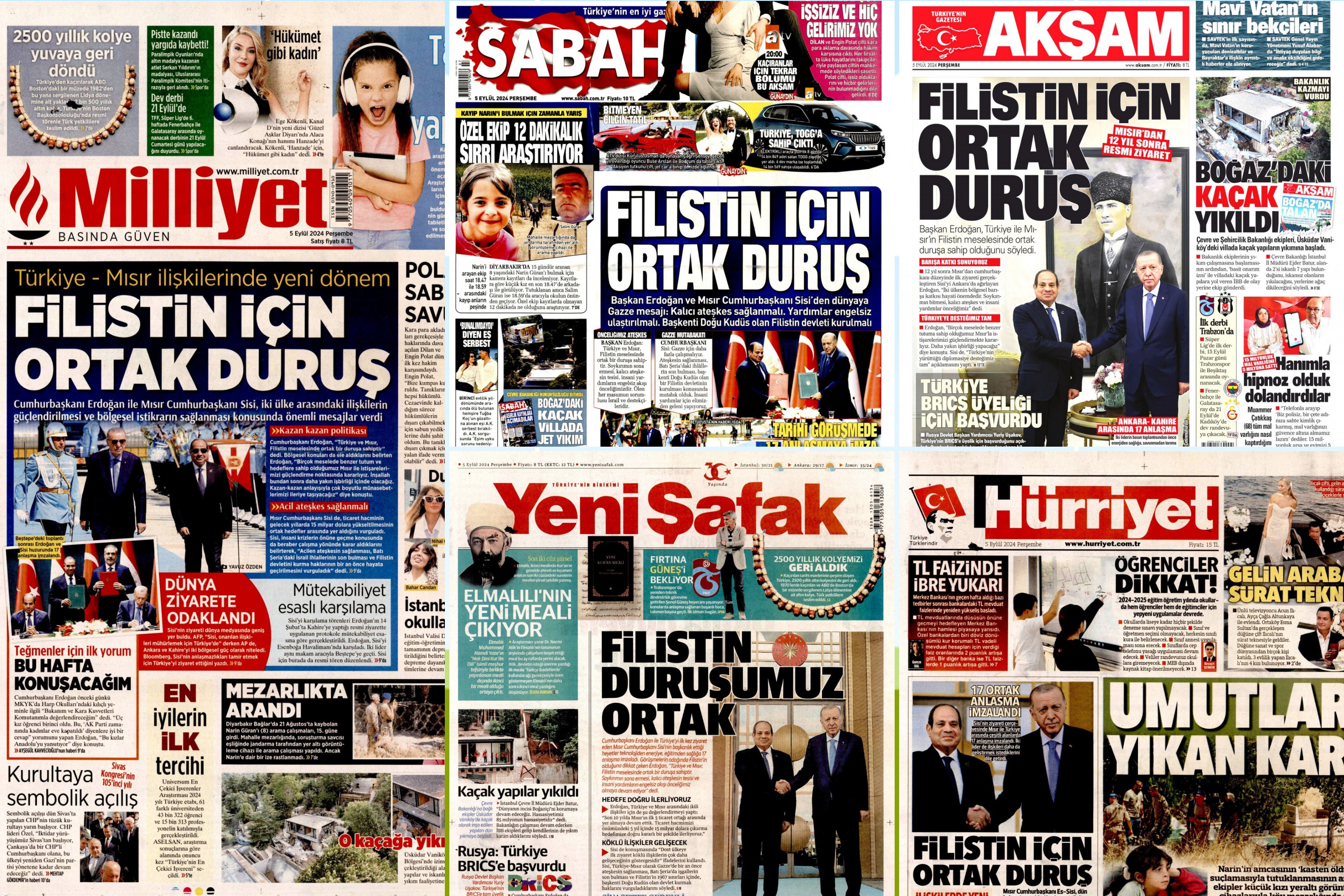 Milliyet, Sabah, Akşam, Yeni şafak ve Hürriyet  gazetelerinin 05.09.2024 tarihli manşetleri