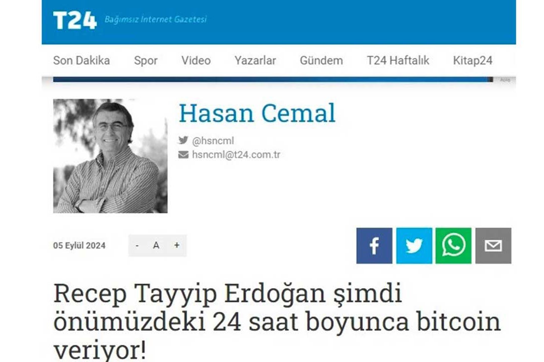 T24'e sızan hackerlar tarafından Hasan Cemal imzasıyla yayımlanan sahte bitcoin yazısı