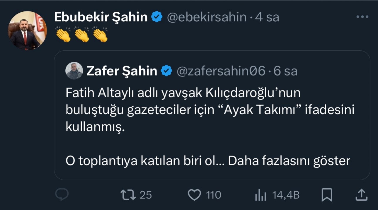 Ebubekir Şahin'in alkış emojisi kullandığı sosyal medya paylaşımı