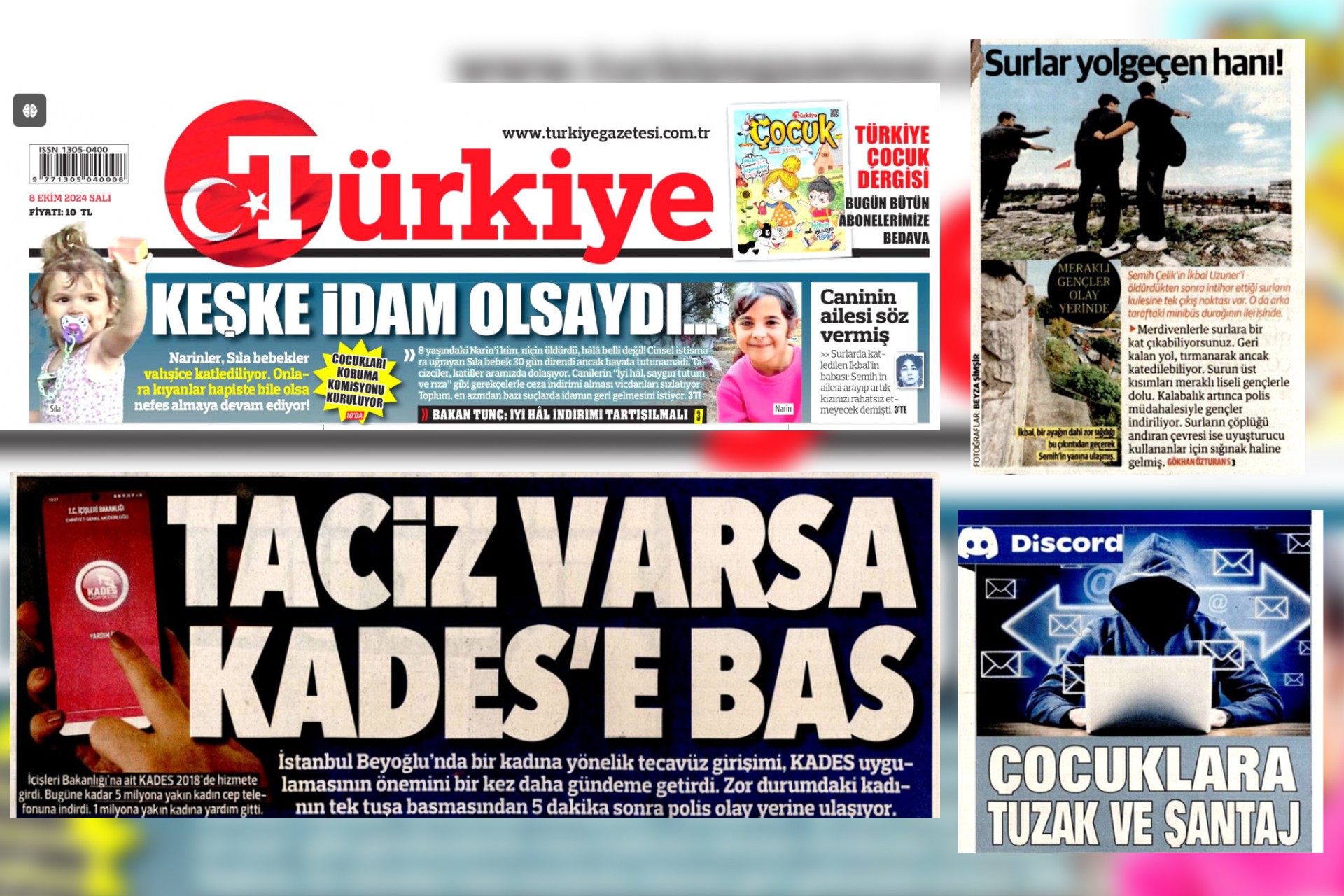 Türkiye, Sabah, Yeni Şafak ve Hürriyet'in 8 Ekim 2024 tarihli haberleri