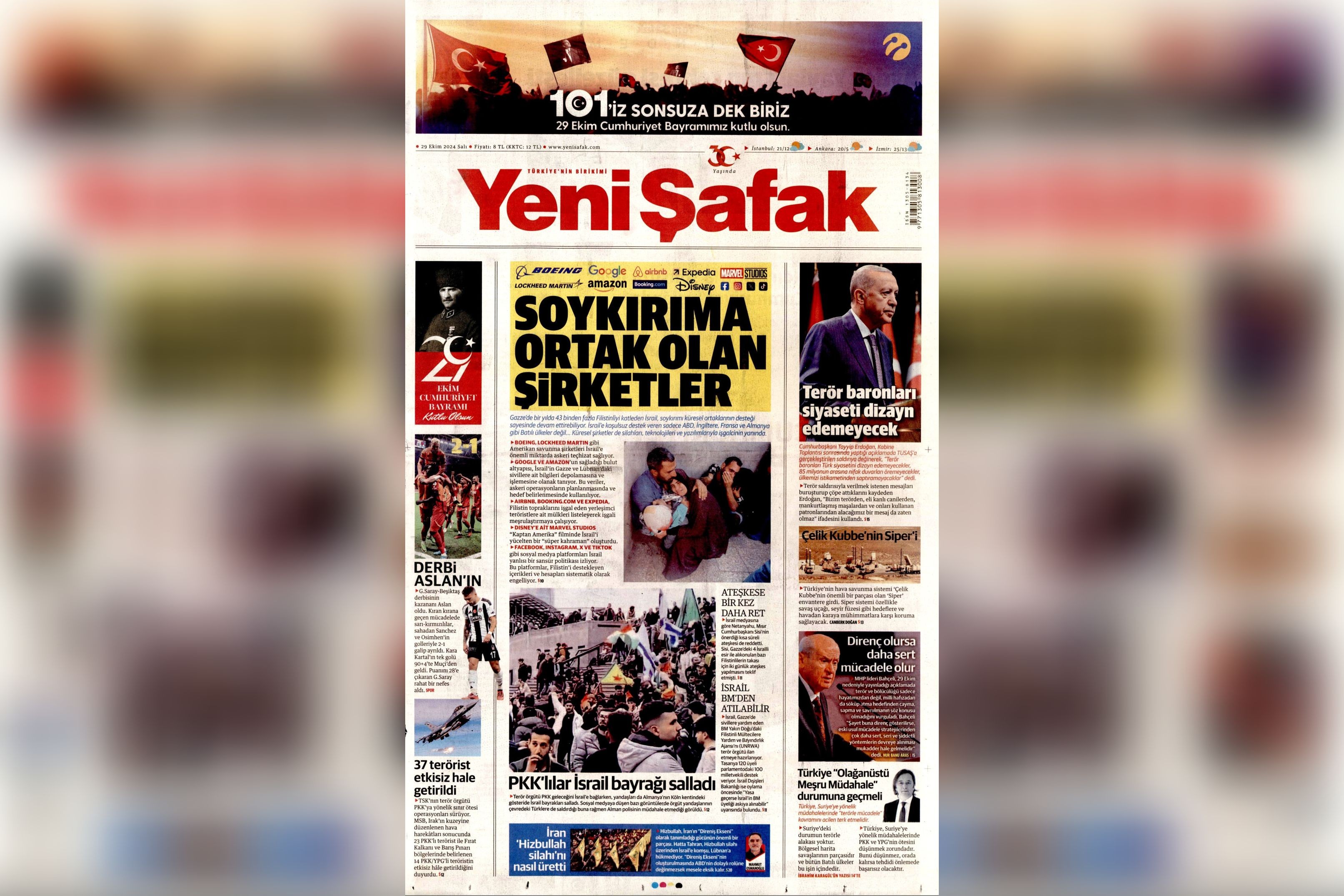 Yeni Şafak'ın 29 Ekim 2024 tarihli birinci sayfası