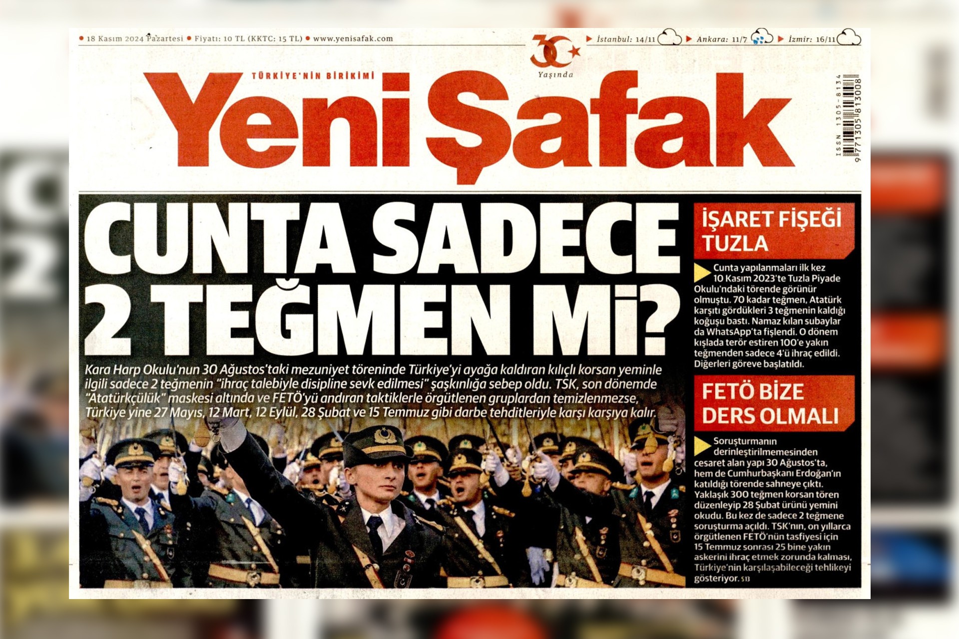 Yeni Şafak'ın 18 Kasım 2024 tarihli manşeti