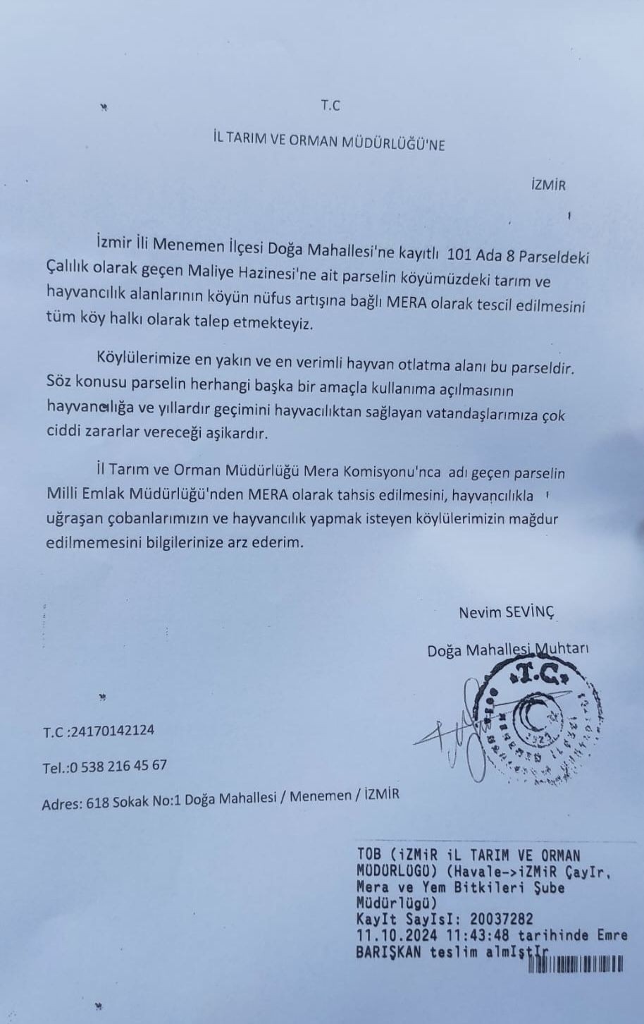 Doğa Mahallesi yöre halkının dilekçesi.