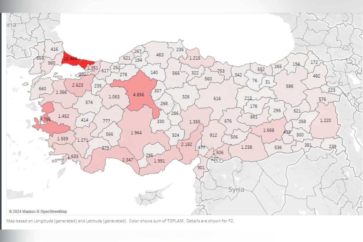 İllere göre intihar sayısı haritası (2000-2023)