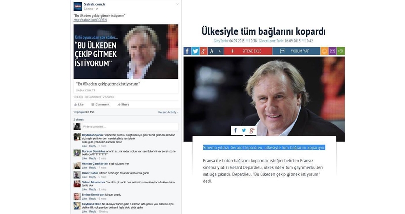 Sabah okurlarından 'bu ülkeden gitmek istiyorum' diyen Depardieu'ya garip tepkiler