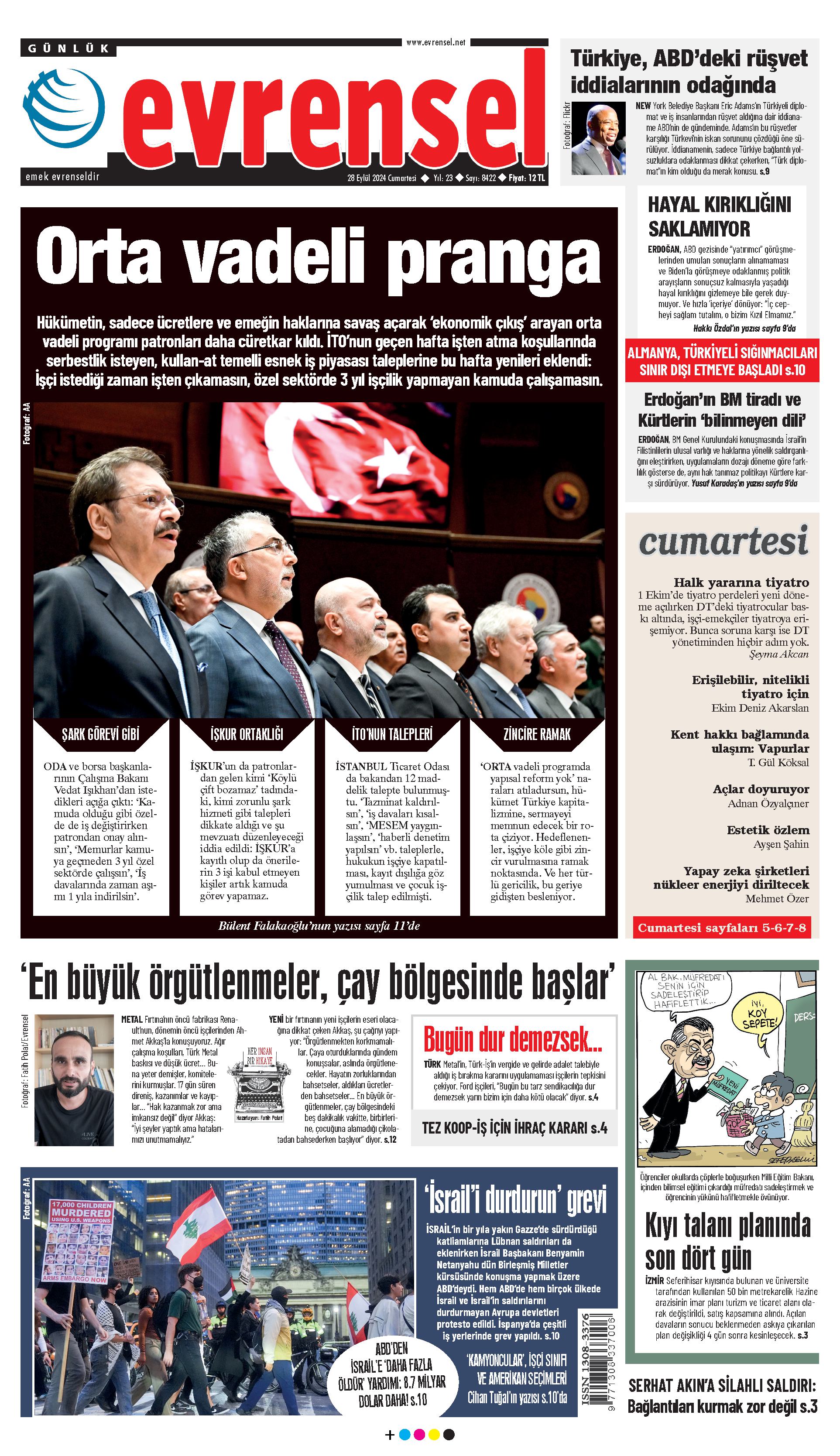 Evrensel Gazetesi Birinci Sayfa