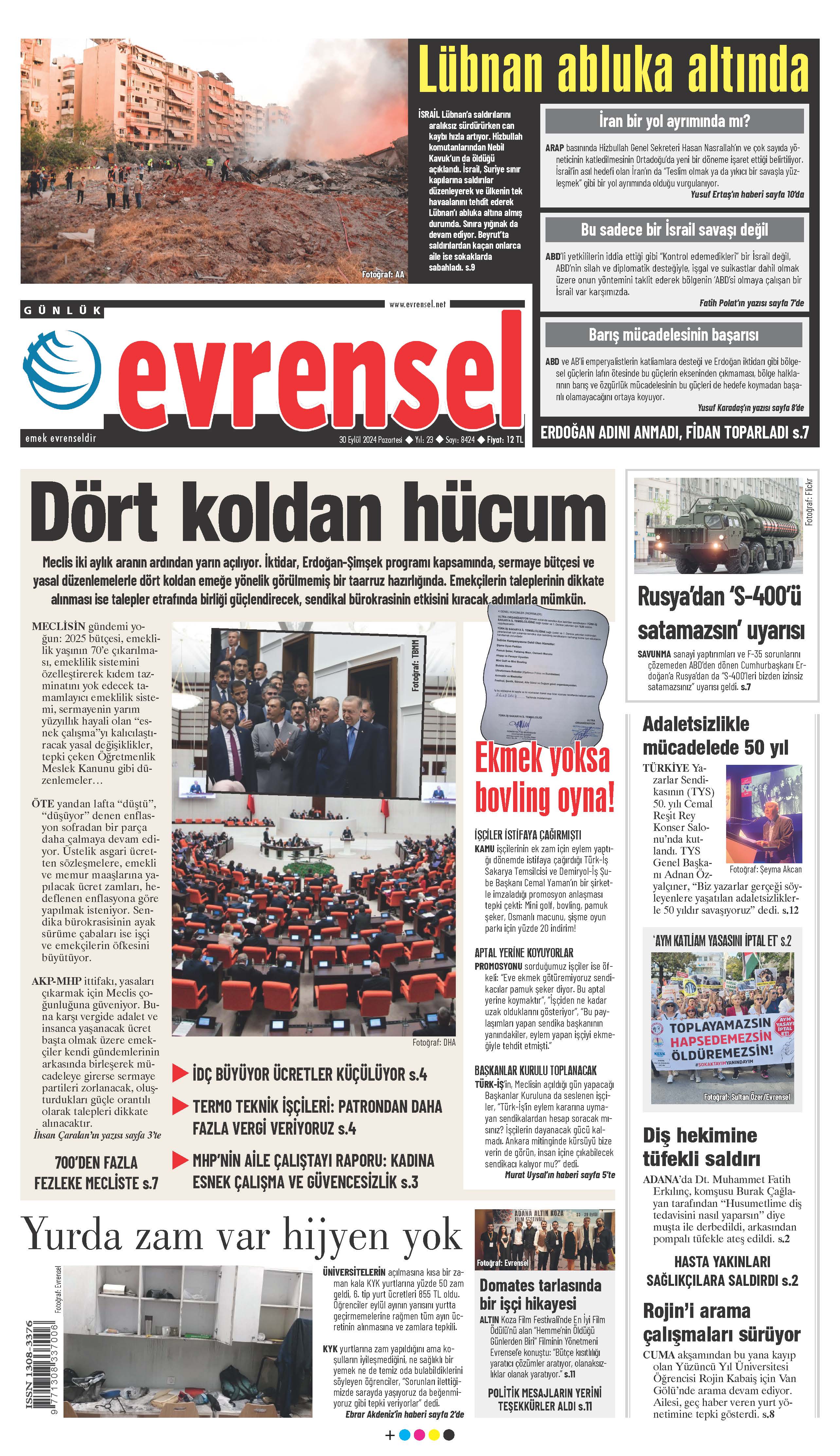 Evrensel Gazetesi Birinci Sayfa