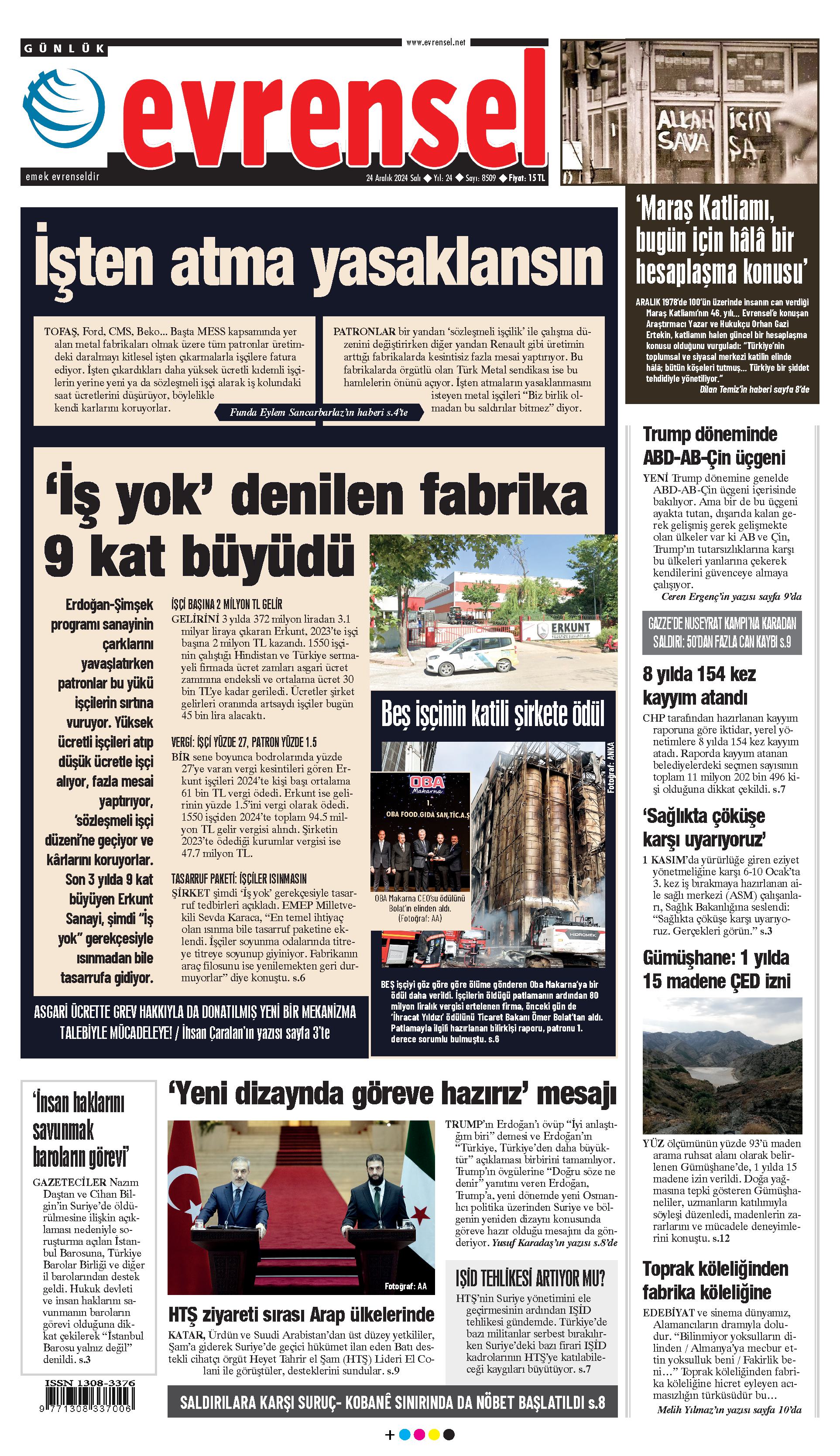 Evrensel Gazetesi Birinci Sayfa