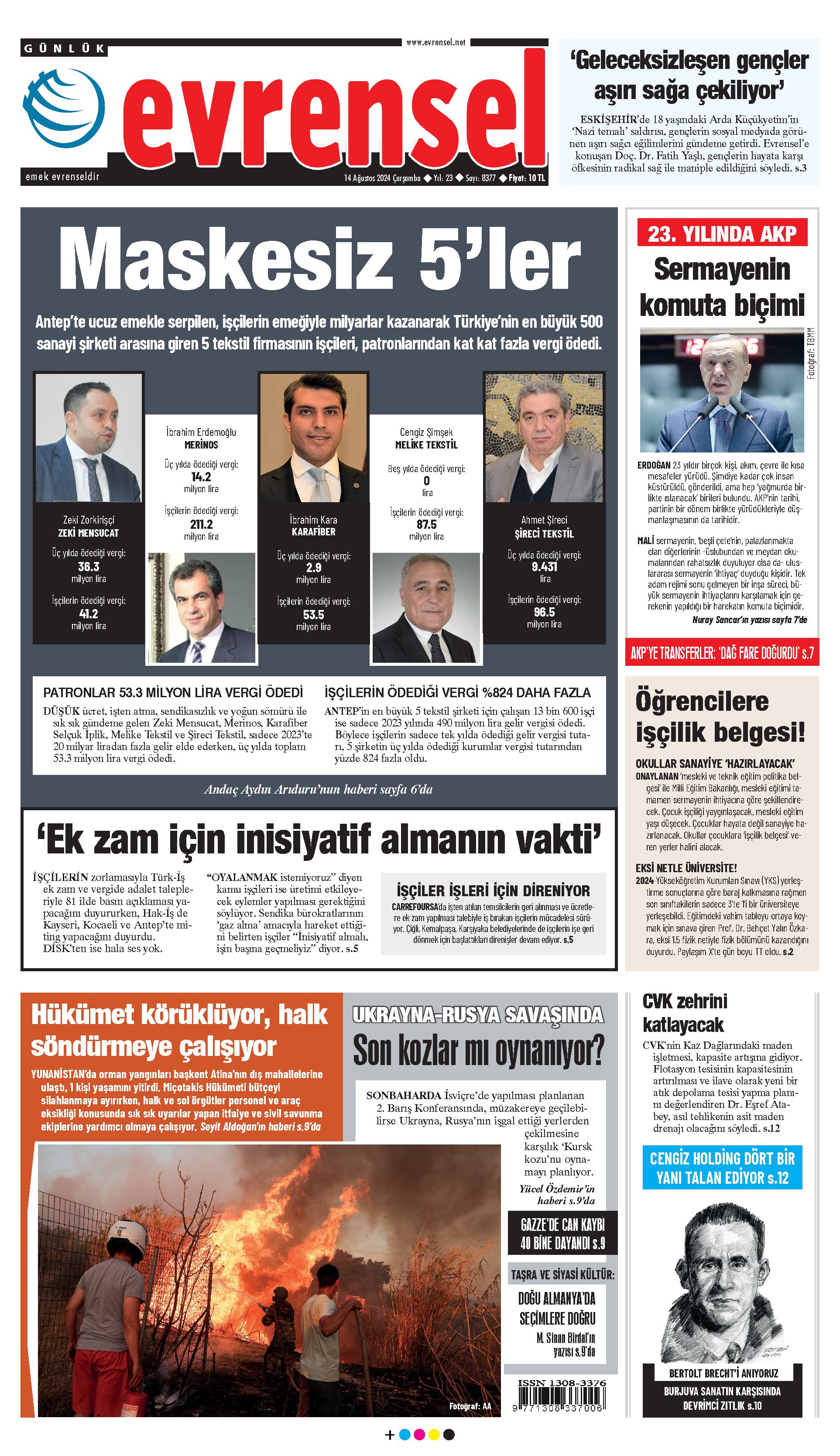 Evrensel Gazetesi Birinci Sayfa