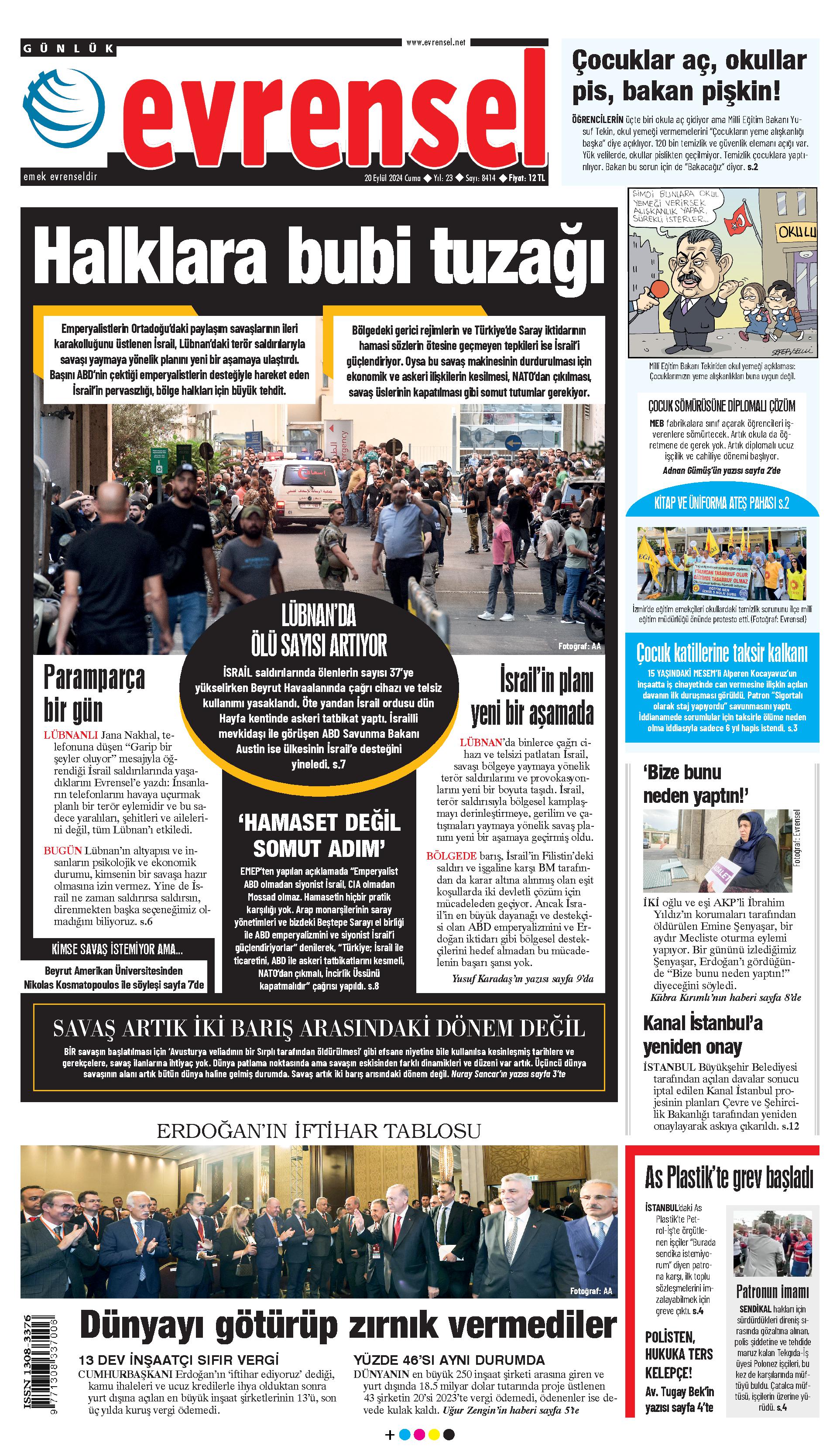 Evrensel Gazetesi Birinci Sayfa