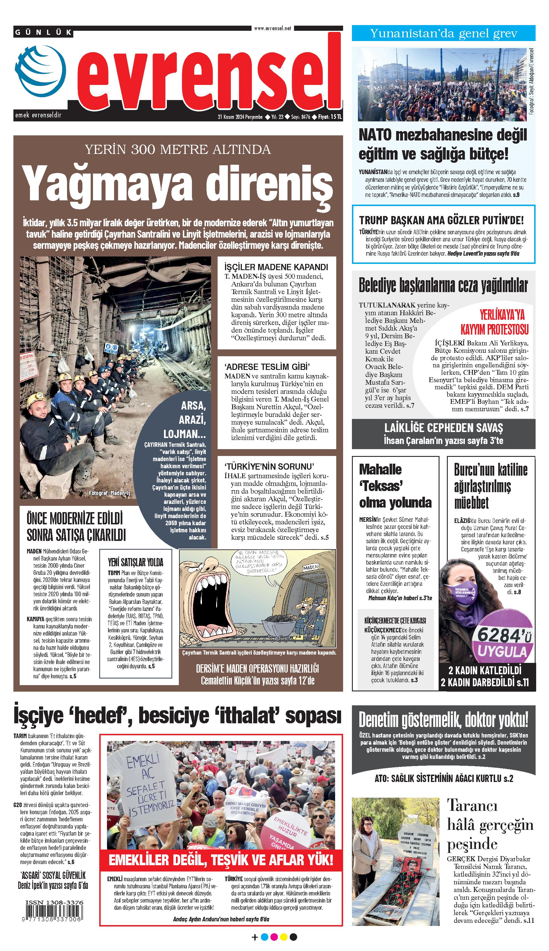 Evrensel Gazetesi Birinci Sayfa