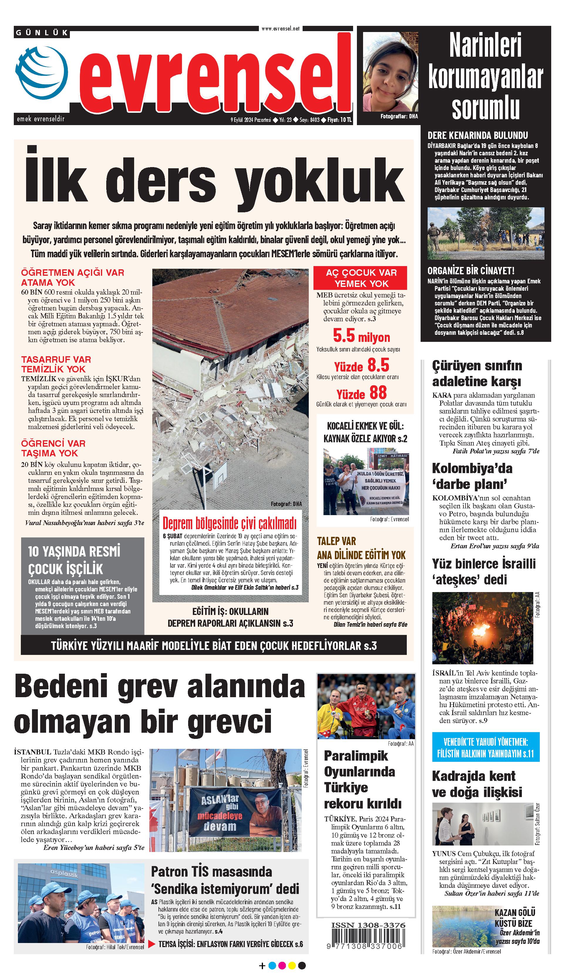 Evrensel Gazetesi Birinci Sayfa