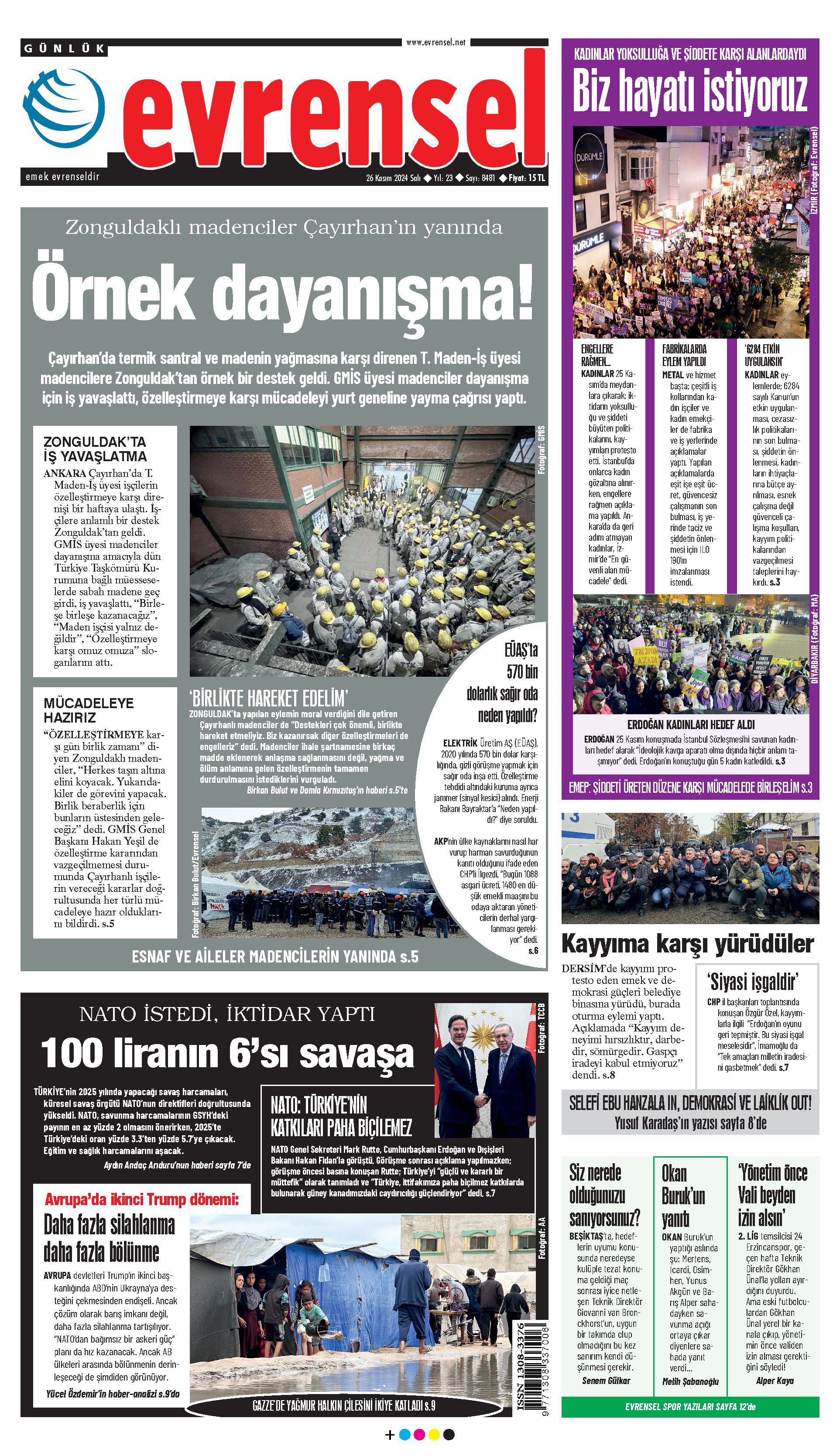 Evrensel Gazetesi Birinci Sayfa