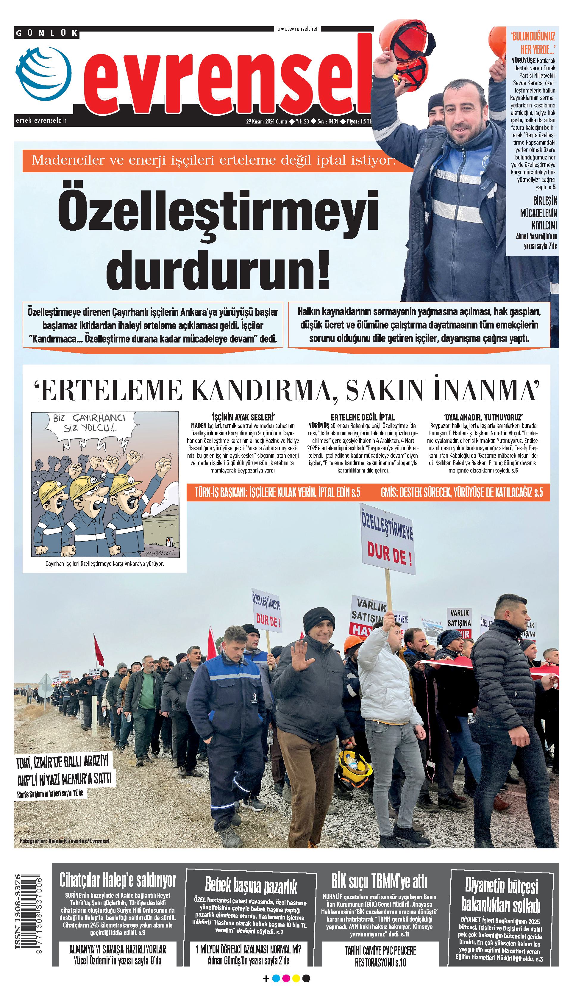 Evrensel Gazetesi Birinci Sayfa