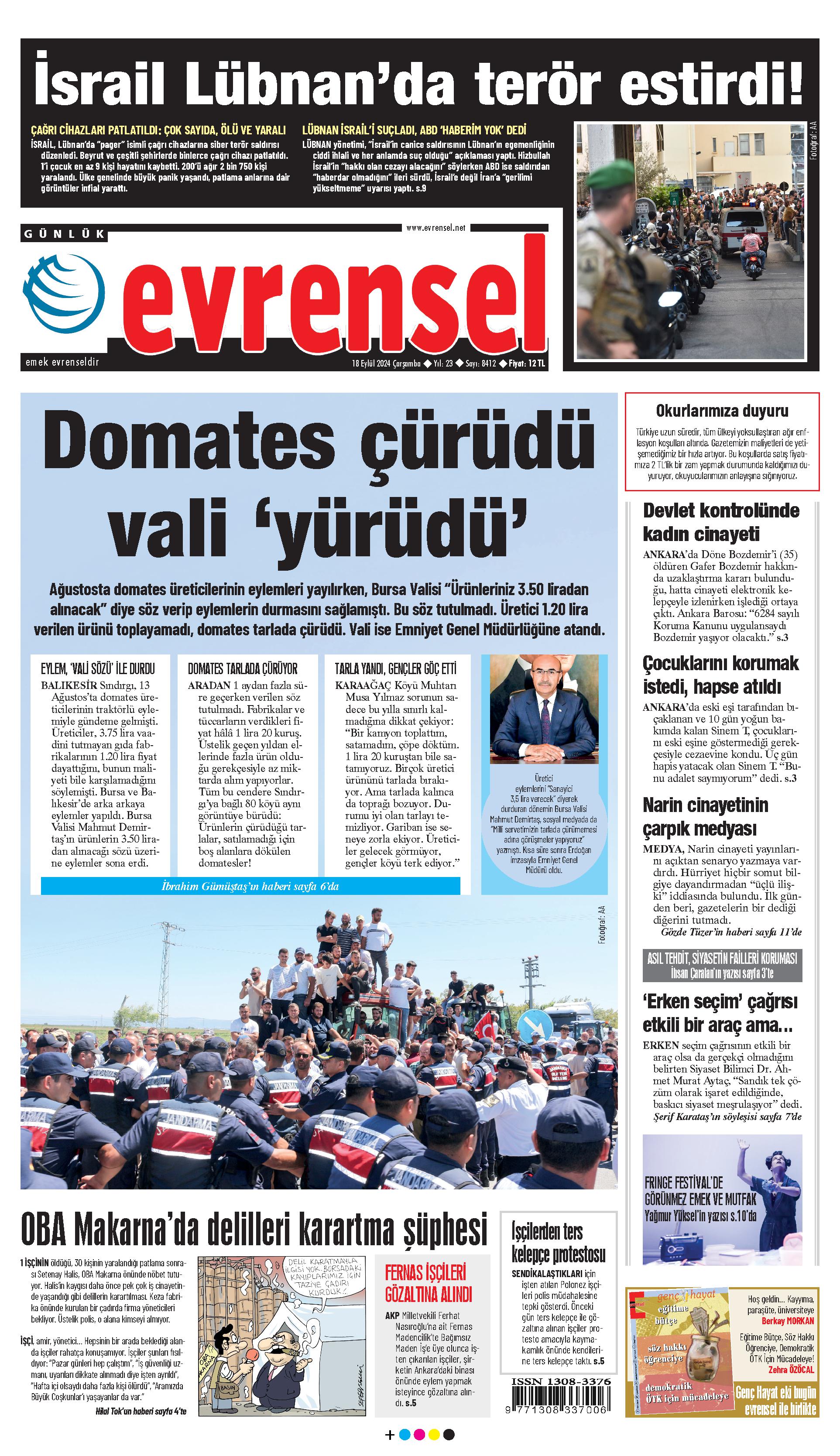 Evrensel Gazetesi Birinci Sayfa