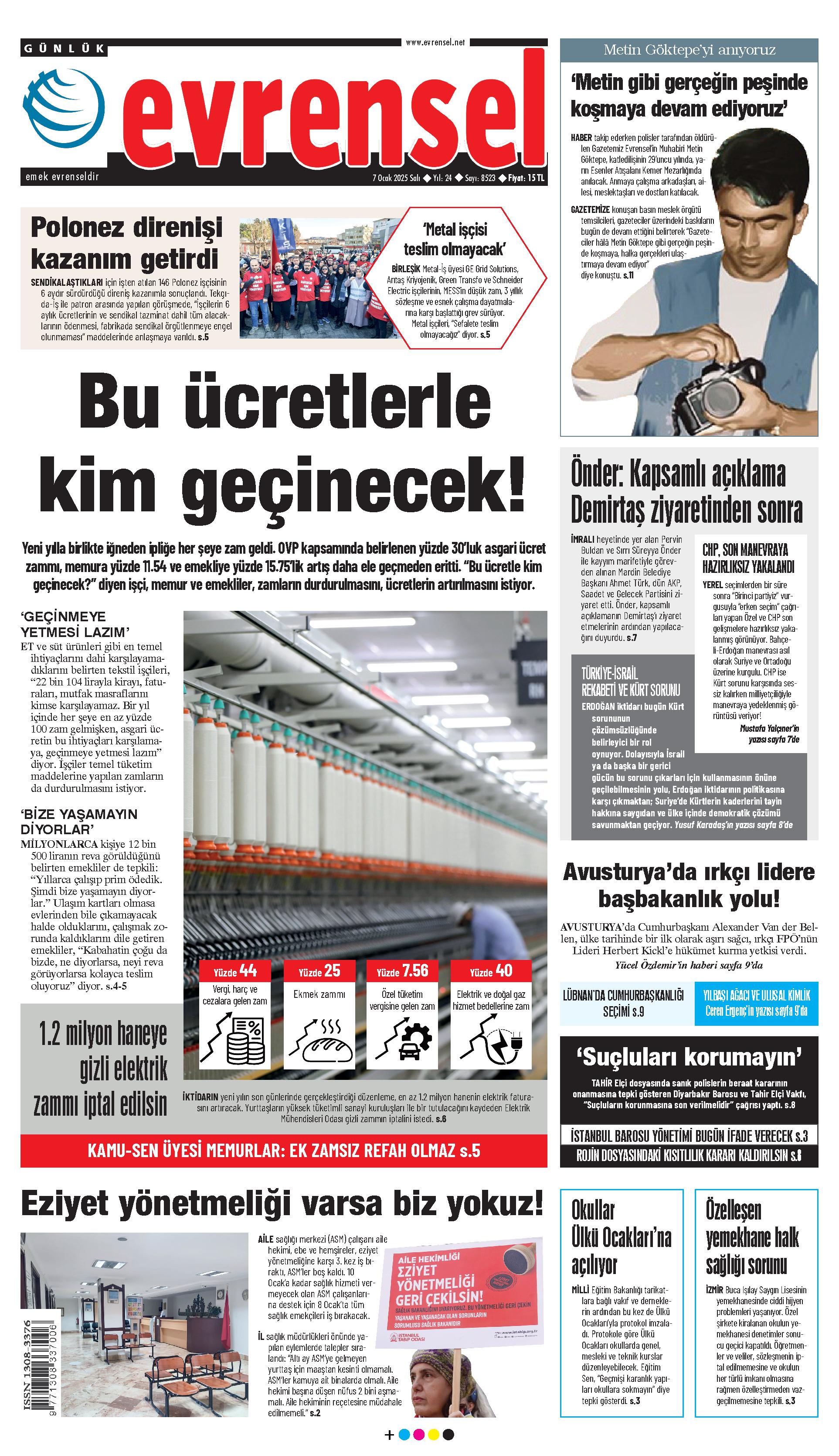 Evrensel Gazetesi Birinci Sayfa