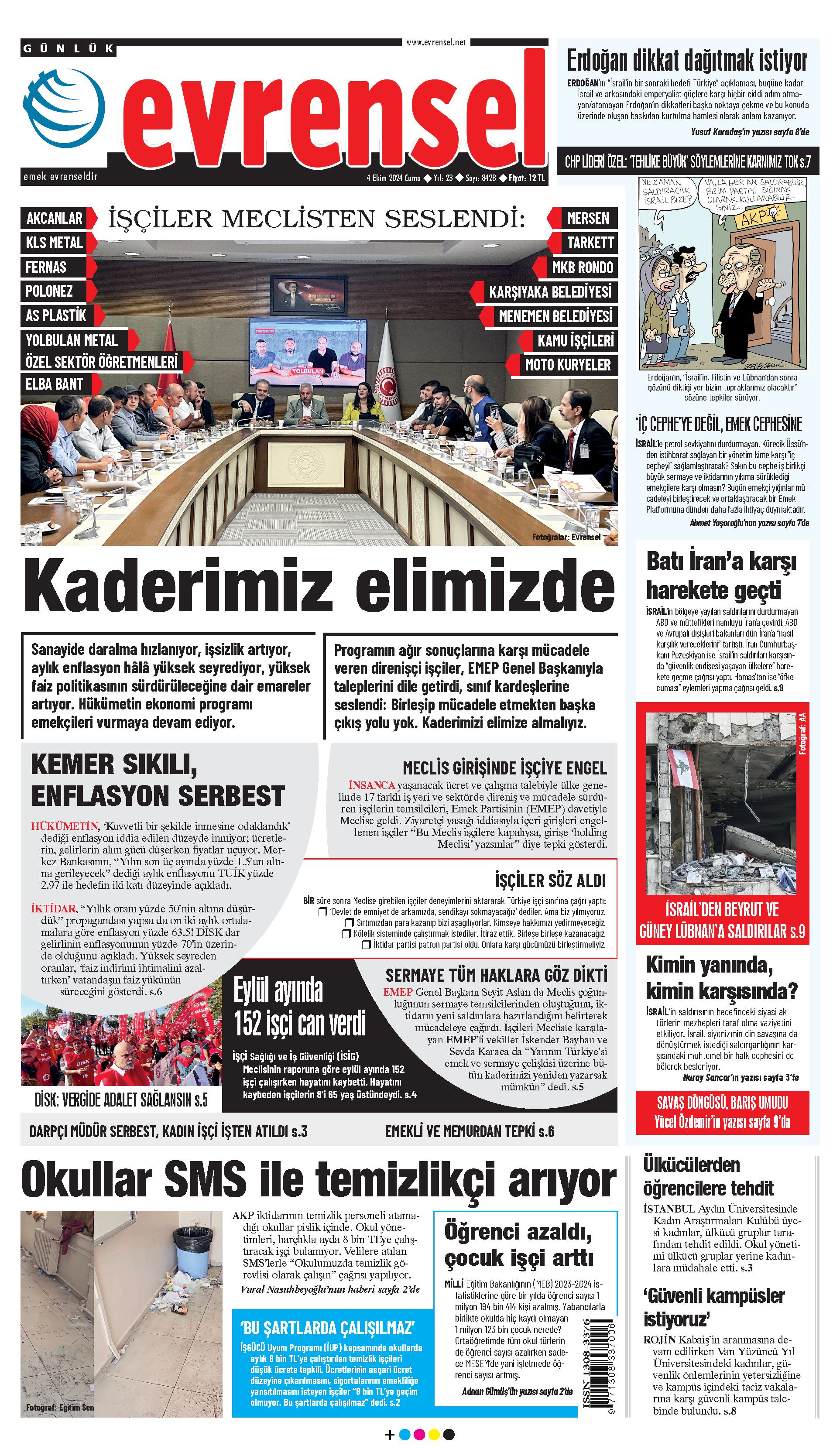 Evrensel Gazetesi Birinci Sayfa