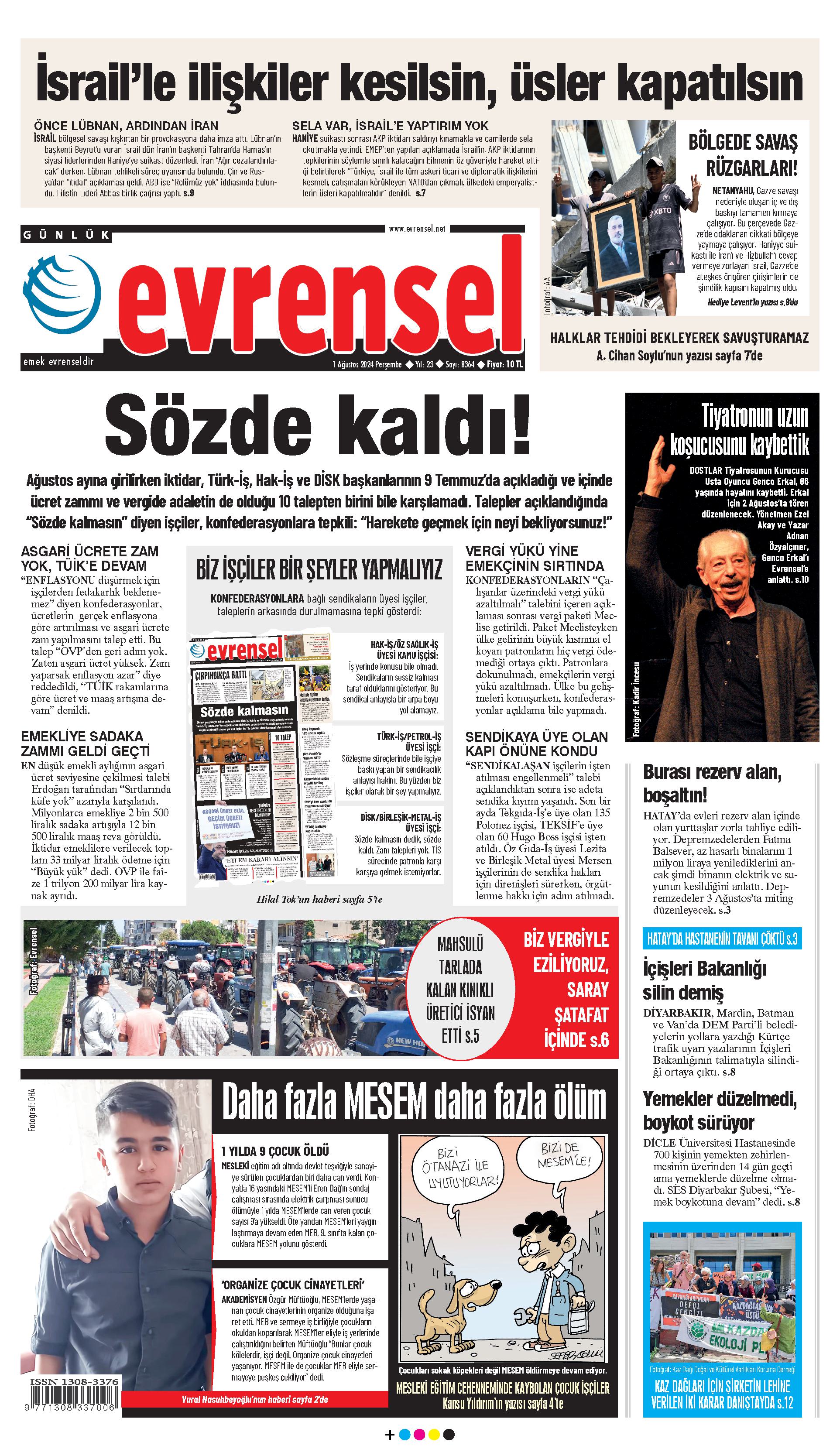 Evrensel Gazetesi Birinci Sayfa