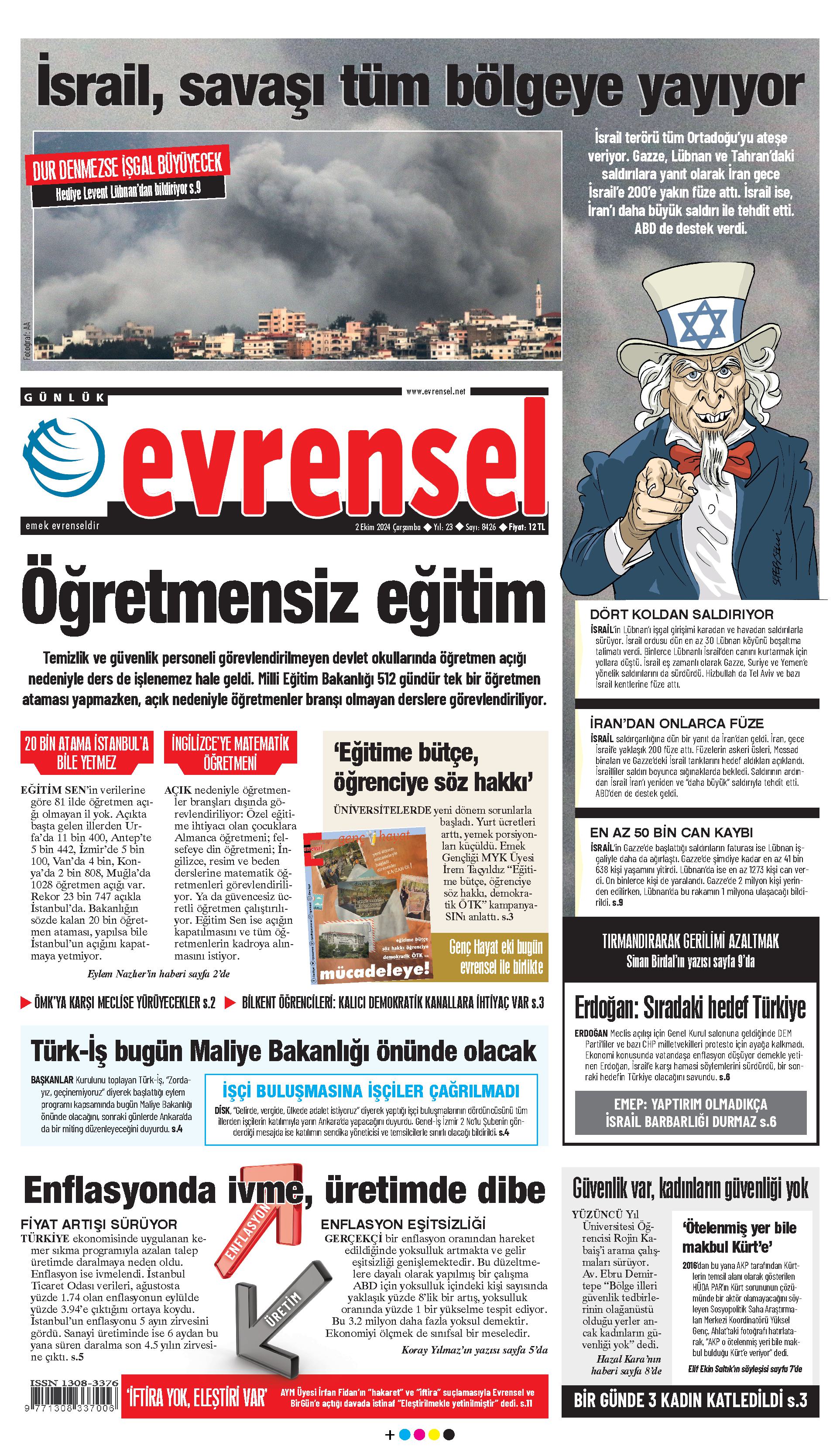 Evrensel Gazetesi Birinci Sayfa