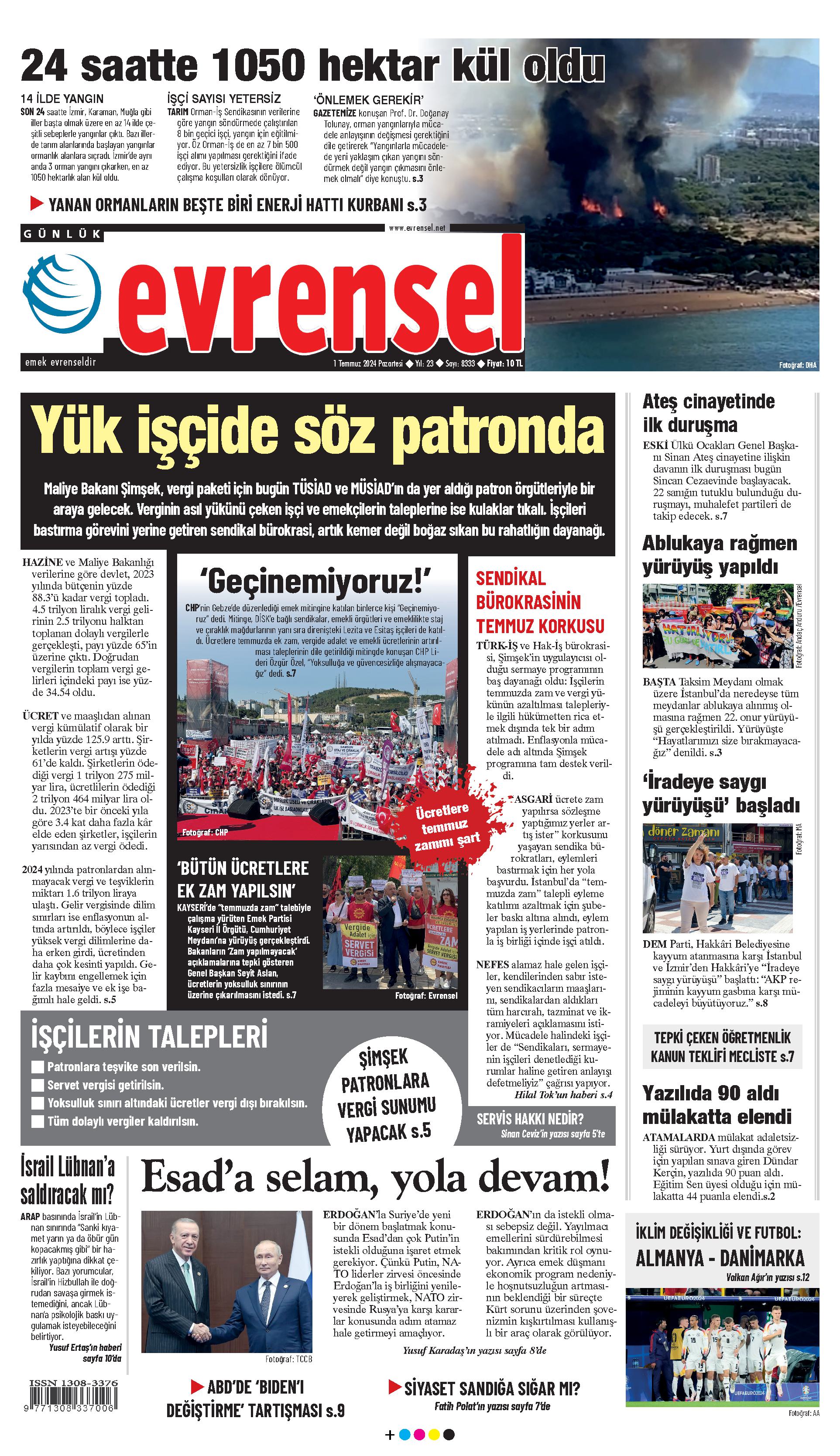 Evrensel Gazetesi Birinci Sayfa